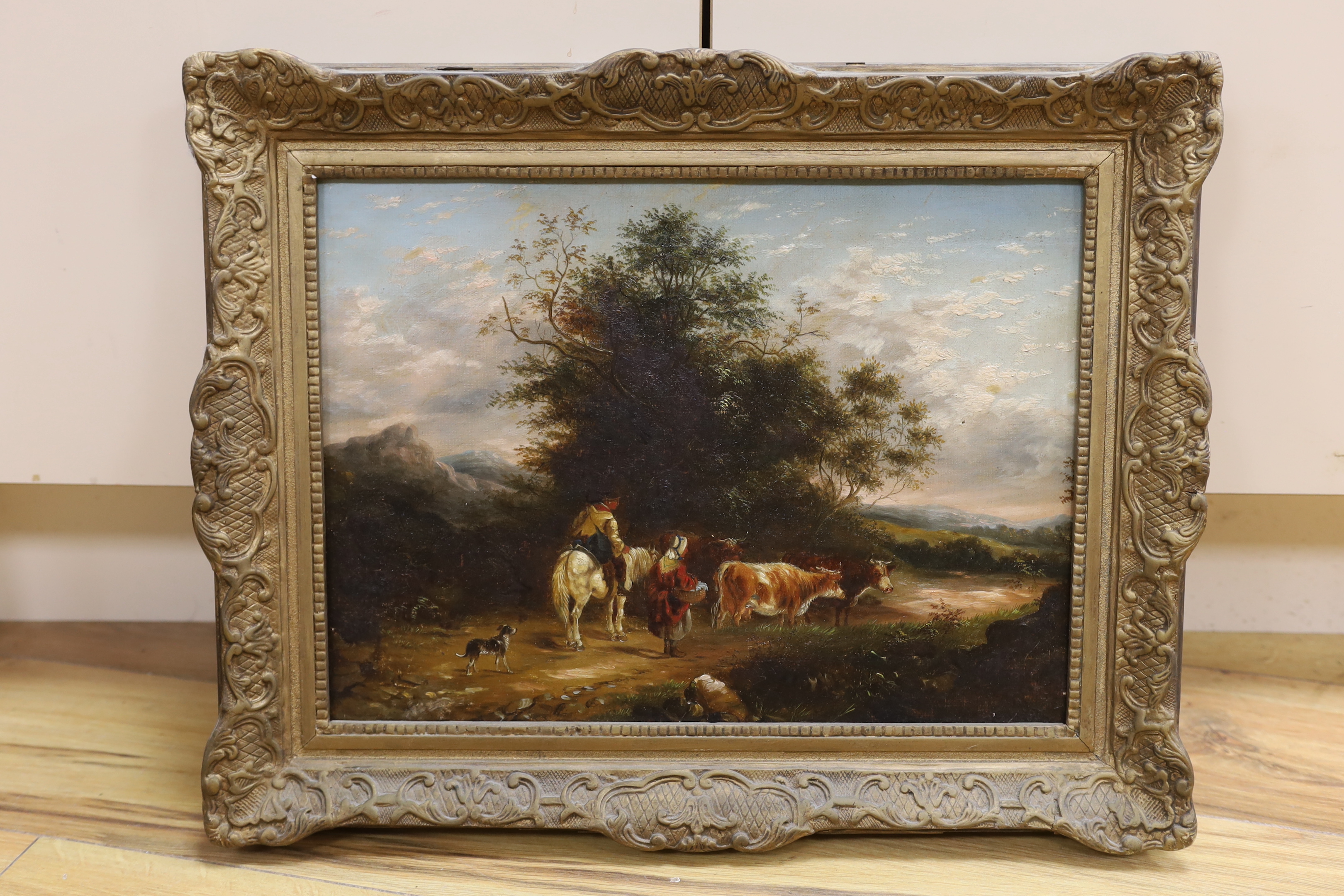 19th century English School, oil on canvas, Cattle being led along a woodland path, unsigned, 29 x 39cm